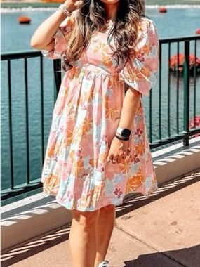 Girls Pink Floral Puff-Sleeve Dress